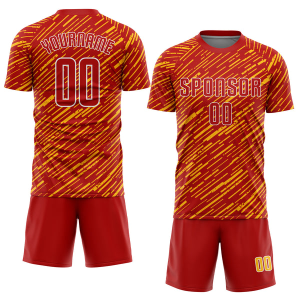 Custom Red Gold-White Line Sports Sublimation Soccer Uniform Jersey