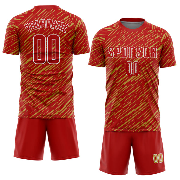 Custom Red Old Gold-White Line Sports Sublimation Soccer Uniform Jersey