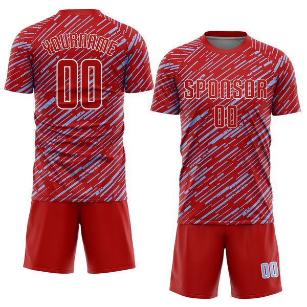 Custom Red Light Blue-White Line Sports Sublimation Soccer Uniform Jersey
