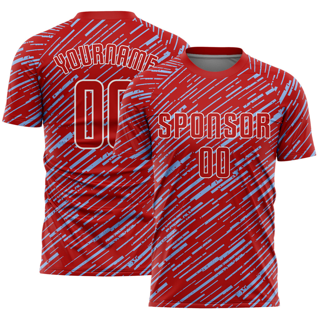 Custom Red Light Blue-White Line Sports Sublimation Soccer Uniform Jersey