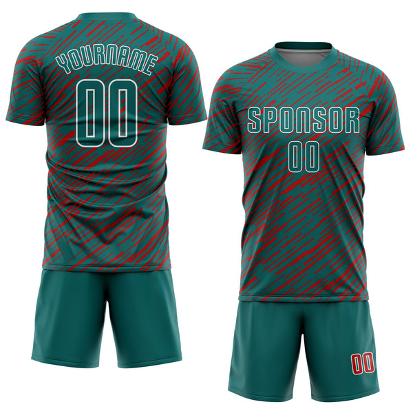 Custom Teal Red-White Line Sports Sublimation Soccer Uniform Jersey