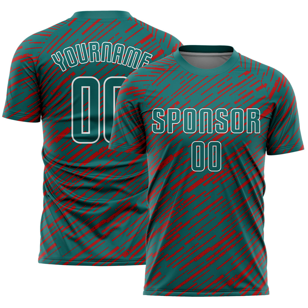 Custom Teal Red-White Line Sports Sublimation Soccer Uniform Jersey