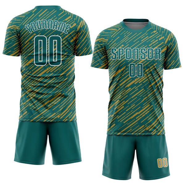 Custom Teal Old Gold-White Line Sports Sublimation Soccer Uniform Jersey