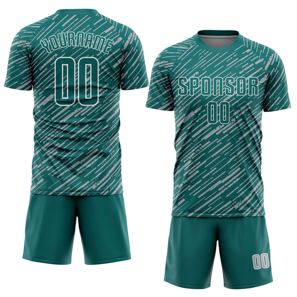 Custom Teal Gray-White Line Sports Sublimation Soccer Uniform Jersey