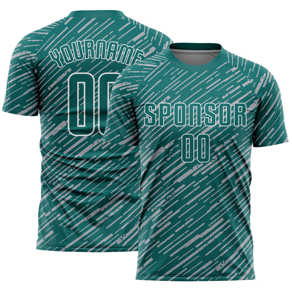 Custom Teal Gray-White Line Sports Sublimation Soccer Uniform Jersey