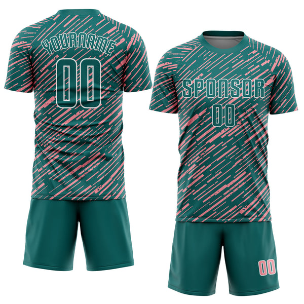 Custom Teal Medium Pink-White Line Sports Sublimation Soccer Uniform Jersey