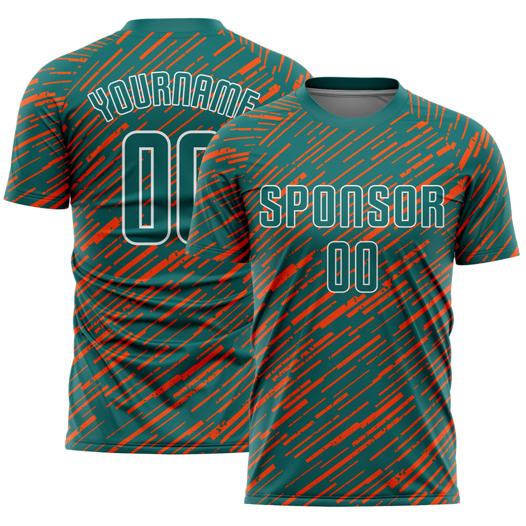 Custom Teal Orange-White Line Sports Sublimation Soccer Uniform Jersey