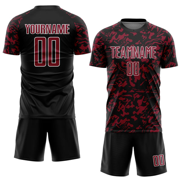 Custom Black Crimson-White Liquid Fluid Pattern Sports Sublimation Soccer Uniform Jersey