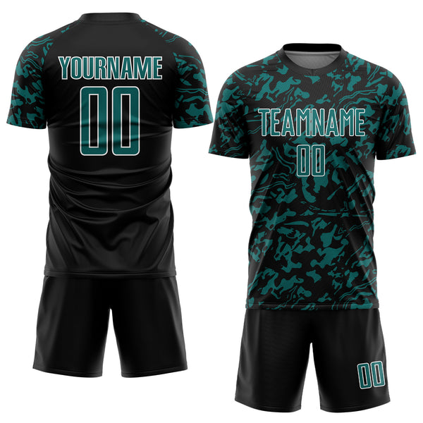 Custom Black Teal-White Liquid Fluid Pattern Sports Sublimation Soccer Uniform Jersey