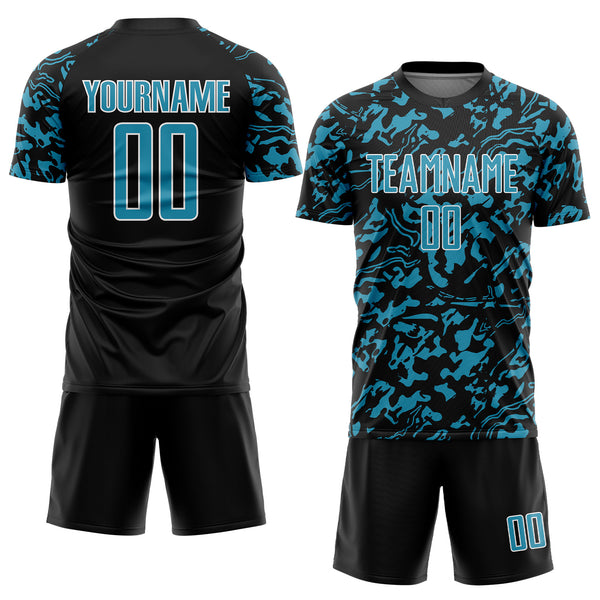 Custom Black Panther Blue-White Liquid Fluid Pattern Sports Sublimation Soccer Uniform Jersey