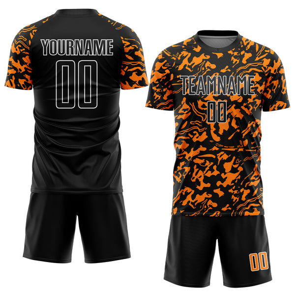 Custom Black Bay Orange-White Liquid Fluid Pattern Sports Sublimation Soccer Uniform Jersey