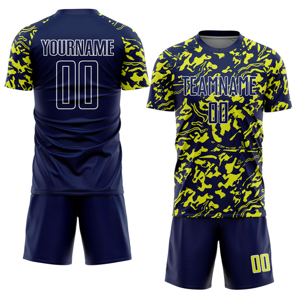 Custom Navy Neon Yellow-White Liquid Fluid Pattern Sports Sublimation Soccer Uniform Jersey