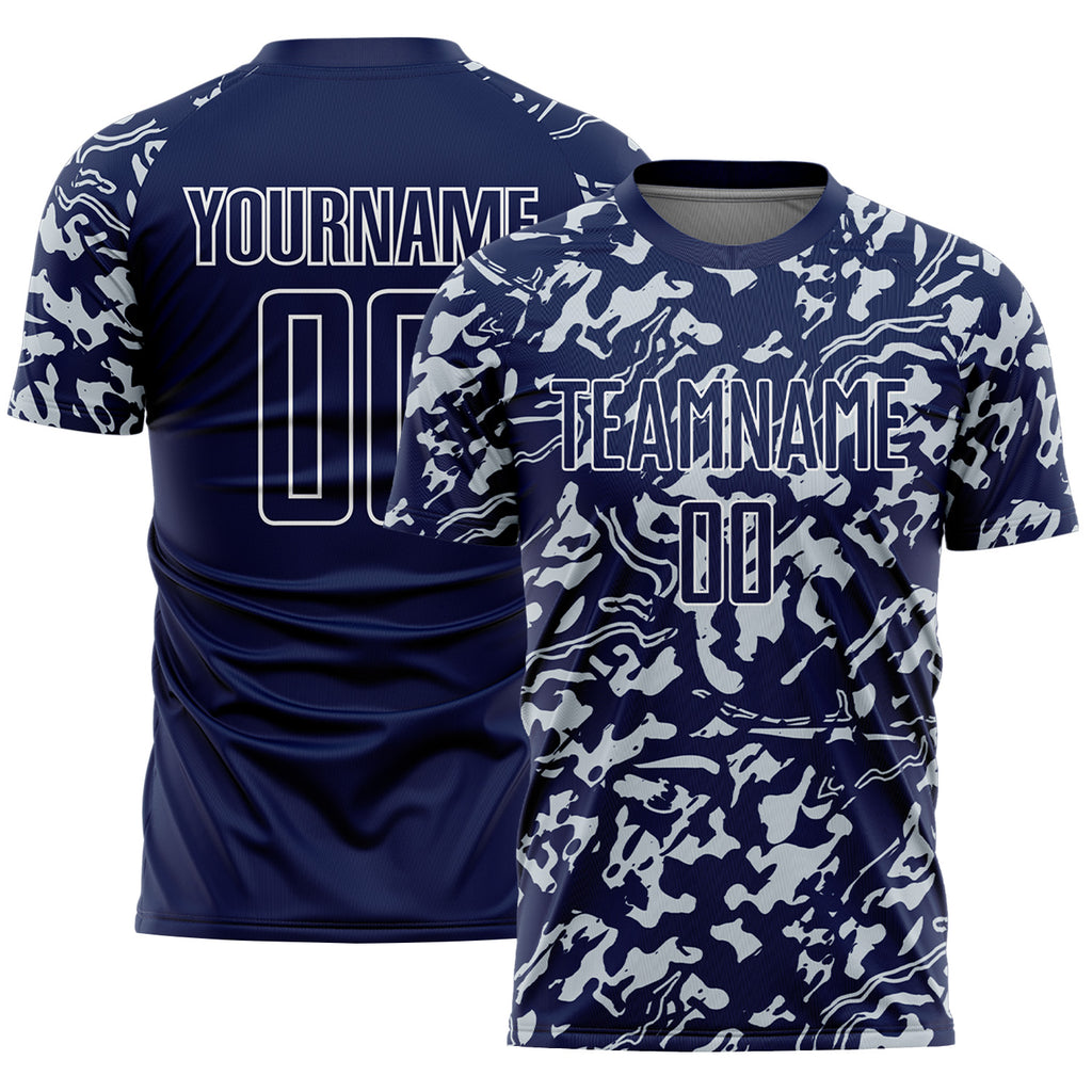 Custom Navy Silver-White Liquid Fluid Pattern Sports Sublimation Soccer Uniform Jersey