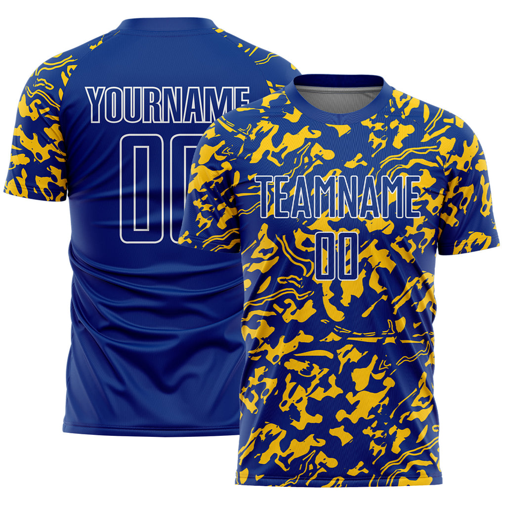 Custom Royal Yellow-White Liquid Fluid Pattern Sports Sublimation Soccer Uniform Jersey