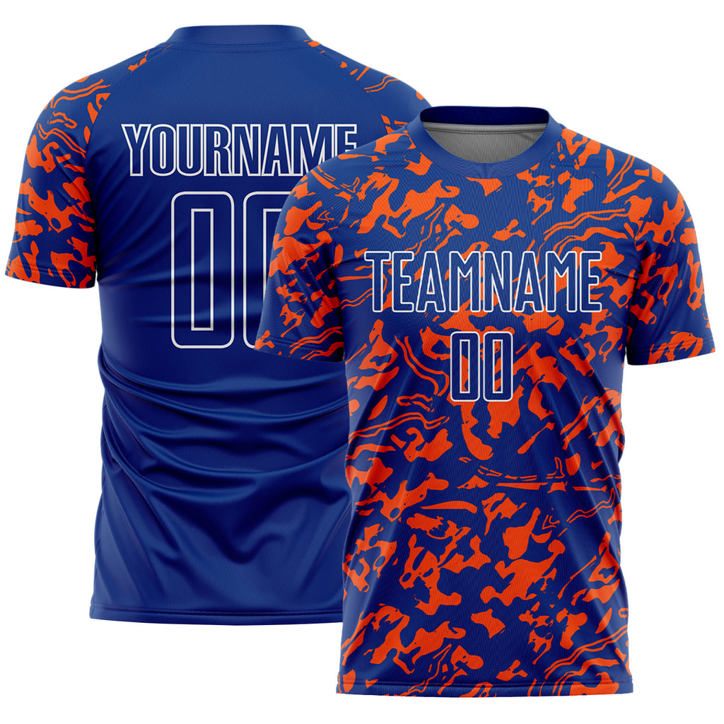 Custom Royal Orange-White Liquid Fluid Pattern Sports Sublimation Soccer Uniform Jersey