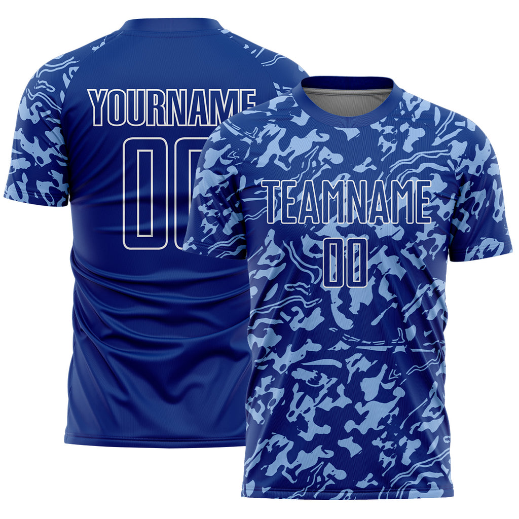 Custom Royal Light Blue-White Liquid Fluid Pattern Sports Sublimation Soccer Uniform Jersey