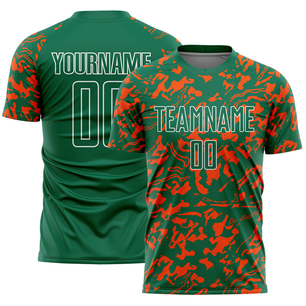 Custom Kelly Green Orange-White Liquid Fluid Pattern Sports Sublimation Soccer Uniform Jersey