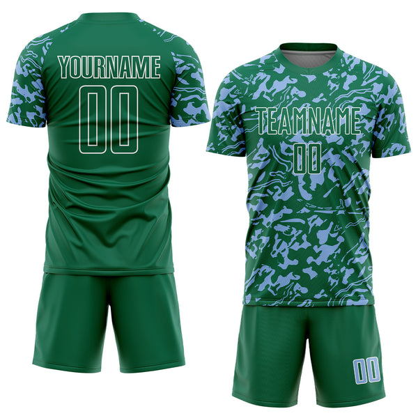 Custom Kelly Green Light Blue-White Liquid Fluid Pattern Sports Sublimation Soccer Uniform Jersey
