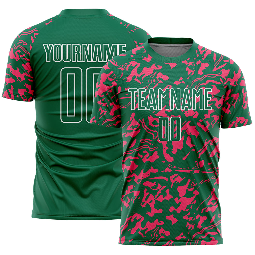 Custom Kelly Green Neon Pink-White Liquid Fluid Pattern Sports Sublimation Soccer Uniform Jersey