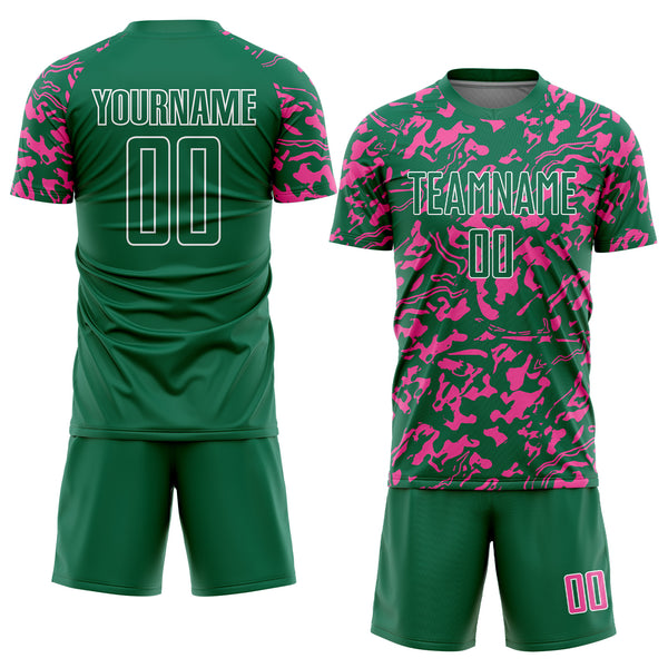 Custom Kelly Green Pink-White Liquid Fluid Pattern Sports Sublimation Soccer Uniform Jersey
