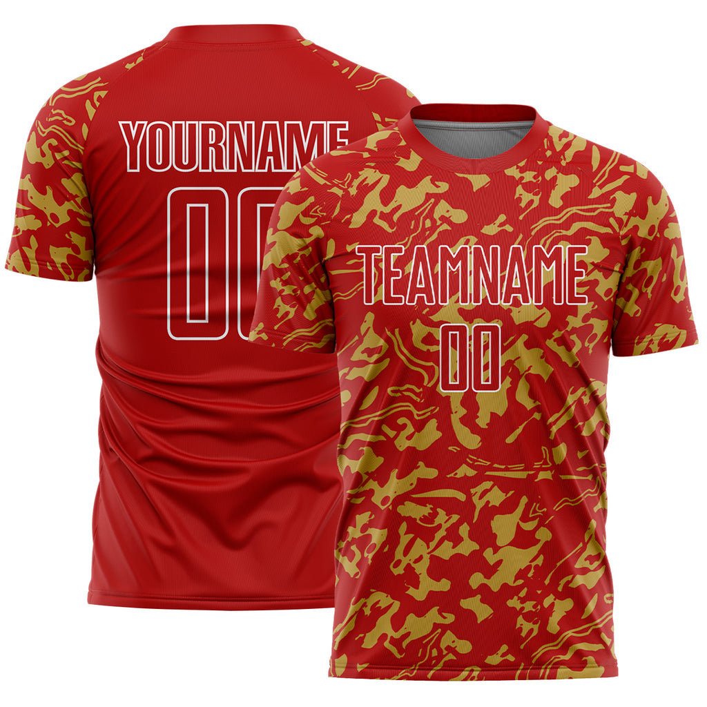 Custom Red Old Gold-White Liquid Fluid Pattern Sports Sublimation Soccer Uniform Jersey