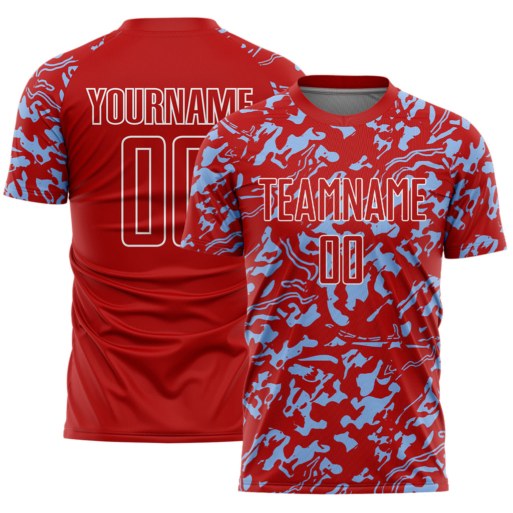 Custom Red Light Blue-White Liquid Fluid Pattern Sports Sublimation Soccer Uniform Jersey