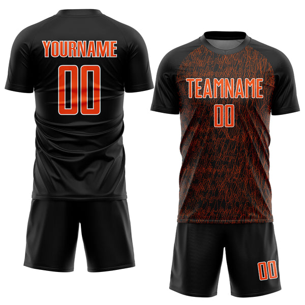 Custom Black Orange-White Abstract Scribble Curve Line Pattern Sports Sublimation Soccer Uniform Jersey