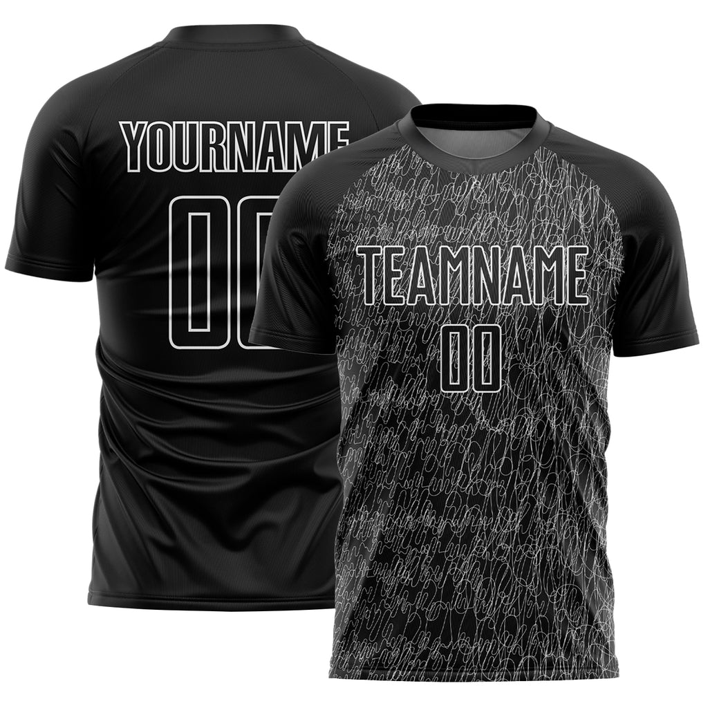 Custom Black White Abstract Scribble Curve Line Pattern Sports Sublimation Soccer Uniform Jersey