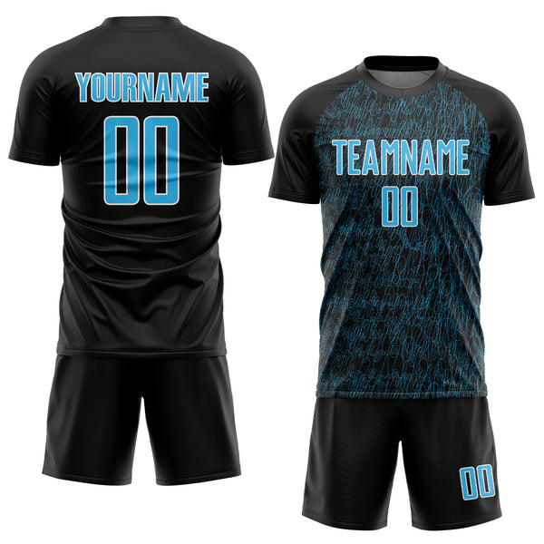 Custom Black Sky Blue-White Abstract Scribble Curve Line Pattern Sports Sublimation Soccer Uniform Jersey
