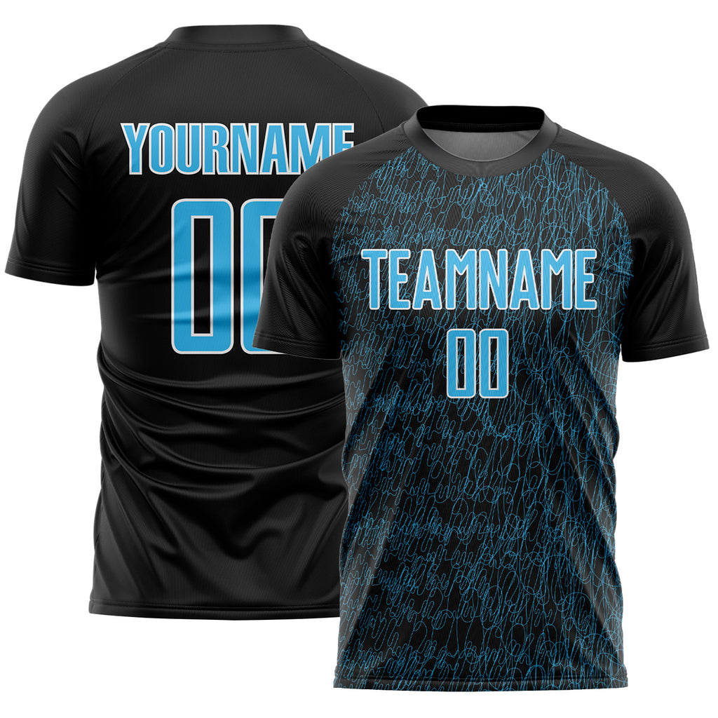 Custom Black Sky Blue-White Abstract Scribble Curve Line Pattern Sports Sublimation Soccer Uniform Jersey