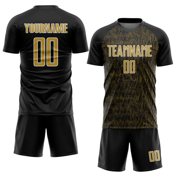 Custom Black Old Gold-White Abstract Scribble Curve Line Pattern Sports Sublimation Soccer Uniform Jersey