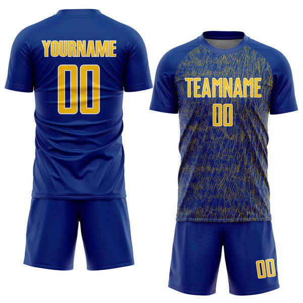Custom Royal Yellow-White Abstract Scribble Curve Line Pattern Sports Sublimation Soccer Uniform Jersey