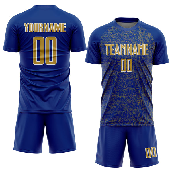 Custom Royal Old Gold-White Abstract Scribble Curve Line Pattern Sports Sublimation Soccer Uniform Jersey
