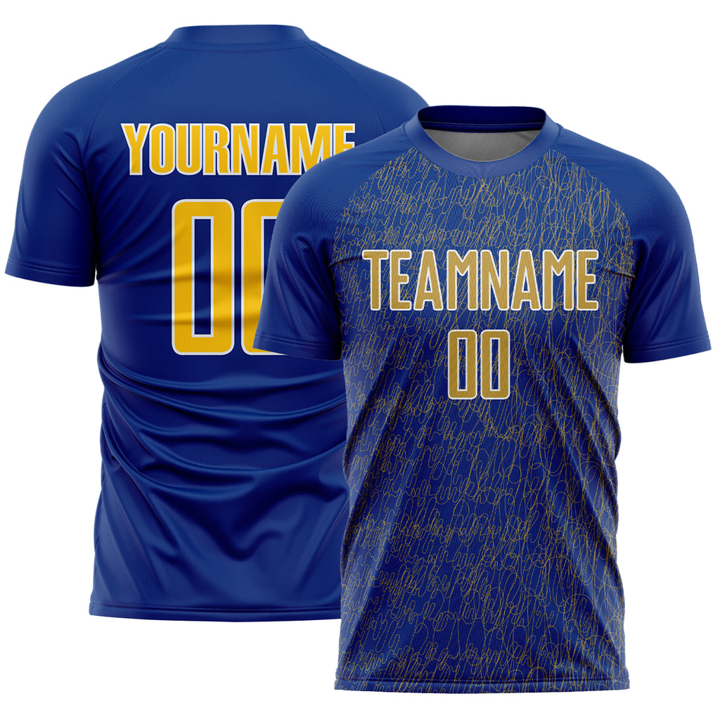Custom Royal Old Gold-White Abstract Scribble Curve Line Pattern Sports Sublimation Soccer Uniform Jersey