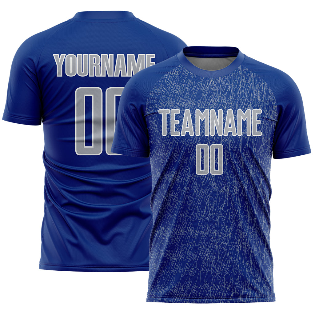 Custom Royal Gray-White Abstract Scribble Curve Line Pattern Sports Sublimation Soccer Uniform Jersey