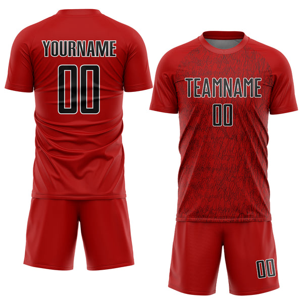 Custom Red Black-White Abstract Scribble Curve Line Pattern Sports Sublimation Soccer Uniform Jersey