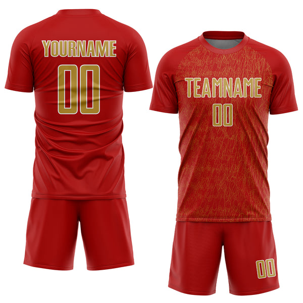 Custom Red Old Gold-White Abstract Scribble Curve Line Pattern Sports Sublimation Soccer Uniform Jersey