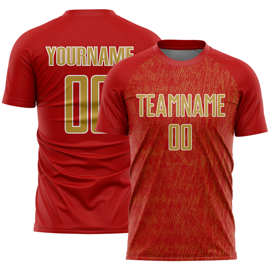 Custom Red Old Gold-White Abstract Scribble Curve Line Pattern Sports Sublimation Soccer Uniform Jersey
