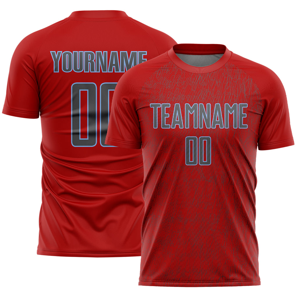 Custom Red Steel Gray-Light Blue Abstract Scribble Curve Line Pattern Sports Sublimation Soccer Uniform Jersey