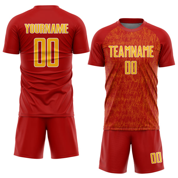 Custom Red Gold-White Abstract Scribble Curve Line Pattern Sports Sublimation Soccer Uniform Jersey