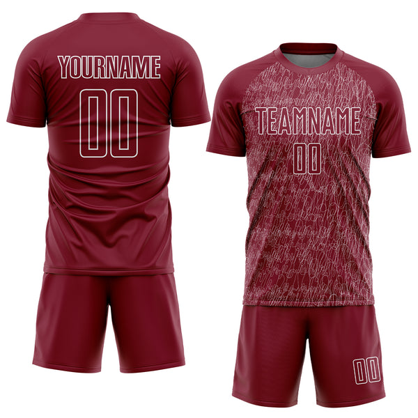 Custom Crimson White Abstract Scribble Curve Line Pattern Sports Sublimation Soccer Uniform Jersey