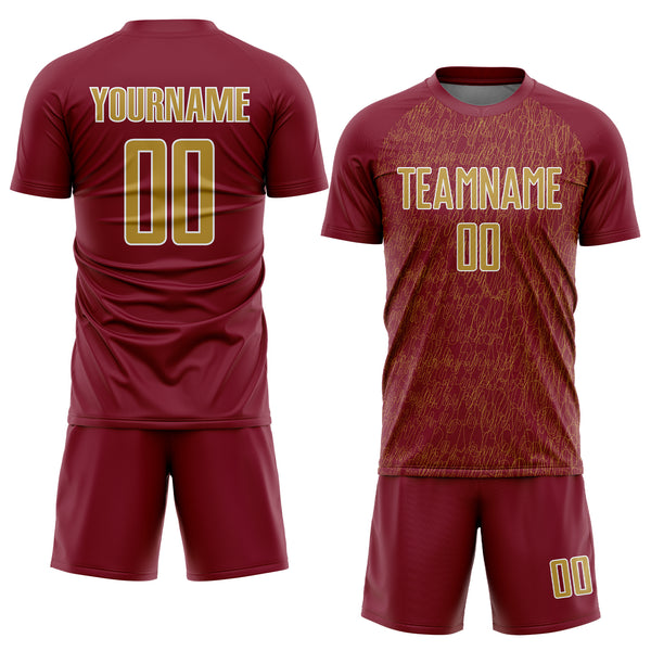 Custom Crimson Old Gold-White Abstract Scribble Curve Line Pattern Sports Sublimation Soccer Uniform Jersey