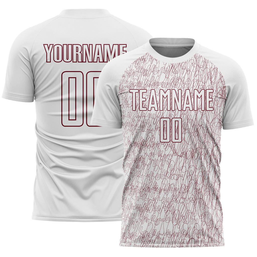 Custom White Burgundy Abstract Scribble Curve Line Pattern Sports Sublimation Soccer Uniform Jersey