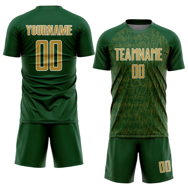 Custom Green Old Gold-White Abstract Scribble Curve Line Pattern Sports Sublimation Soccer Uniform Jersey
