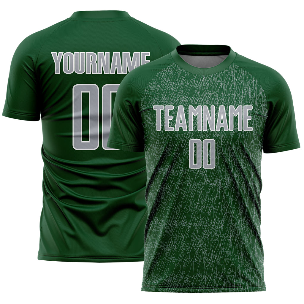 Custom Green Gray-White Abstract Scribble Curve Line Pattern Sports Sublimation Soccer Uniform Jersey