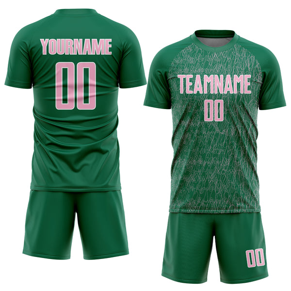 Custom Kelly Green Light Pink-White Abstract Scribble Curve Line Pattern Sports Sublimation Soccer Uniform Jersey