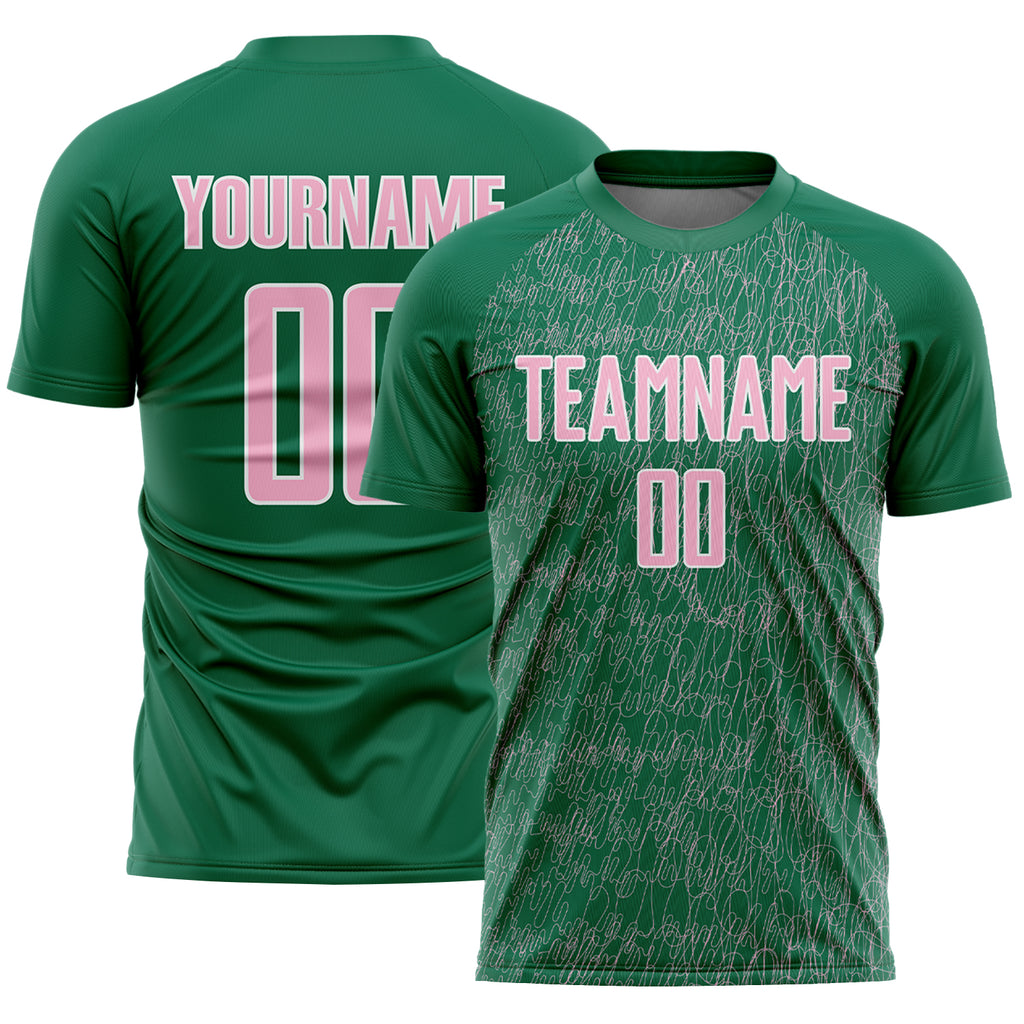 Custom Kelly Green Light Pink-White Abstract Scribble Curve Line Pattern Sports Sublimation Soccer Uniform Jersey