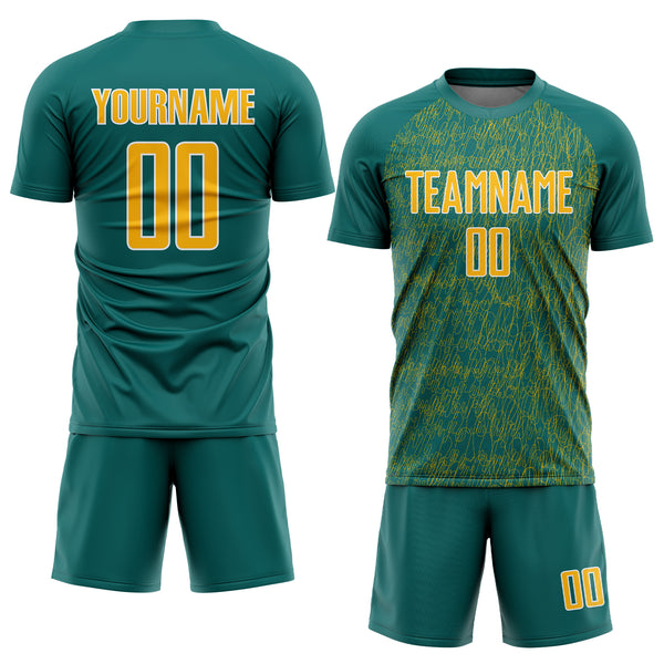 Custom Teal Gold-White Abstract Scribble Curve Line Pattern Sports Sublimation Soccer Uniform Jersey