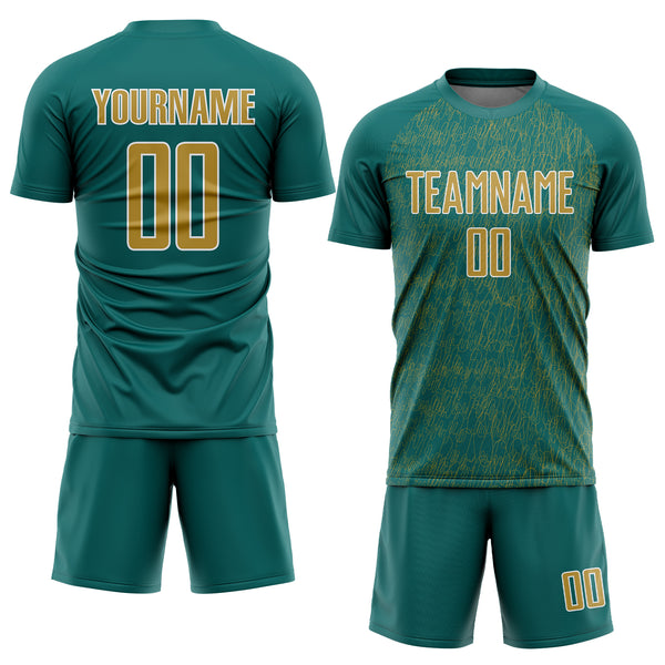 Custom Teal Old Gold-White Abstract Scribble Curve Line Pattern Sports Sublimation Soccer Uniform Jersey