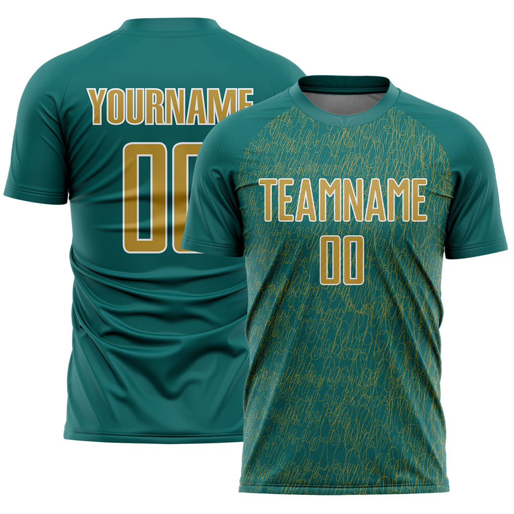 Custom Teal Old Gold-White Abstract Scribble Curve Line Pattern Sports Sublimation Soccer Uniform Jersey